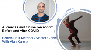 Alon Karniel Master Class Announcement consists of two images. Karniel stands against a white wall wearing and blue and black stripped shirt. Karniel leans forward arms to the right high diagonal. He is wearing all red.