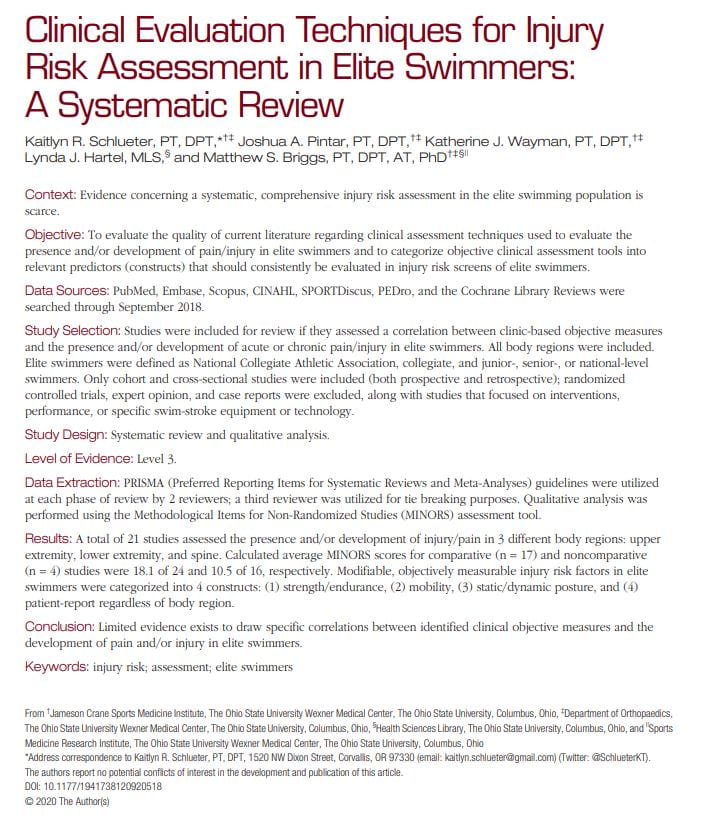 Clinical Evaluation Techniques for Injury Risk Assessment in Elite Swimmers: A Systematic Review