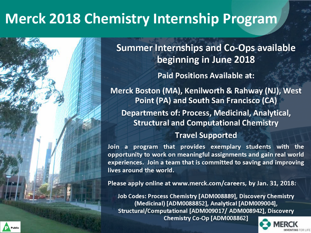 Merck 2018 Chemistry Internship Program CBC Undergraduate Program