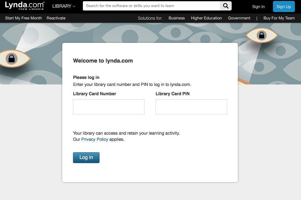 Sign-in screen for free access to lynda.com. Here you are prompted for your library card number and PIN.