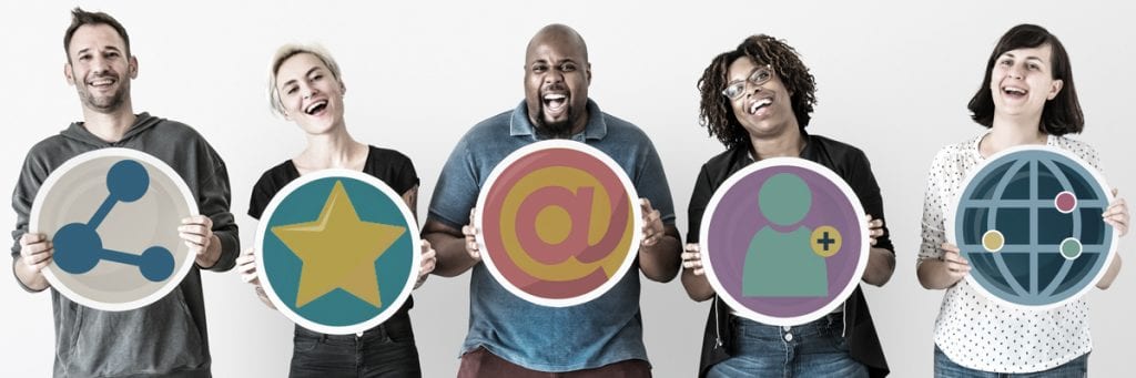 Group of five laughing people holding technology icons