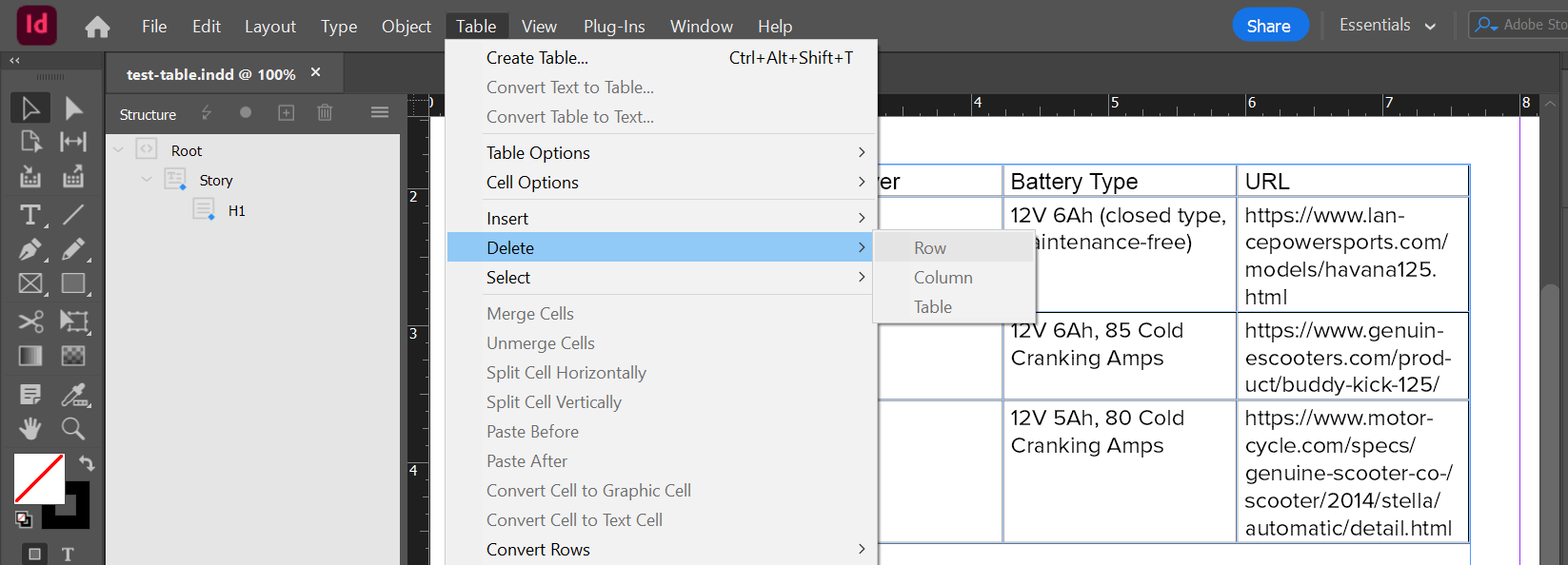 How to delete a row in a table