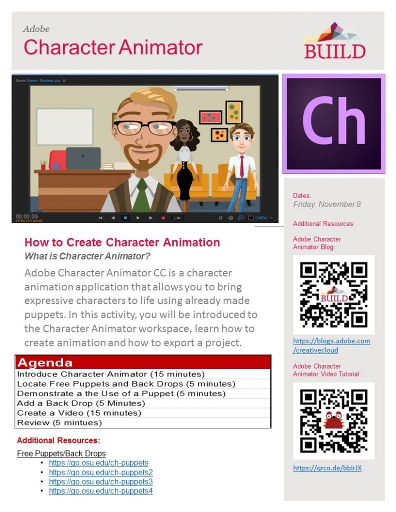 Image of Character Animator Agenda with a link to PowerPoint version