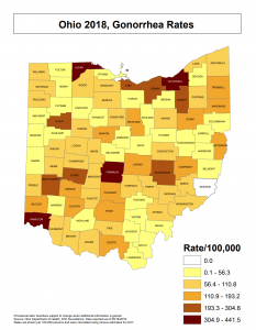 Map of Gonorrhea Rates in Ohio from 2018. There are different colors to denote the amount of gonorrhea cases per 100,000 people. These colors are assigned to each county, ranging from 0 per 100,000 to the darkest group being 304.9-441.5 per 100,000