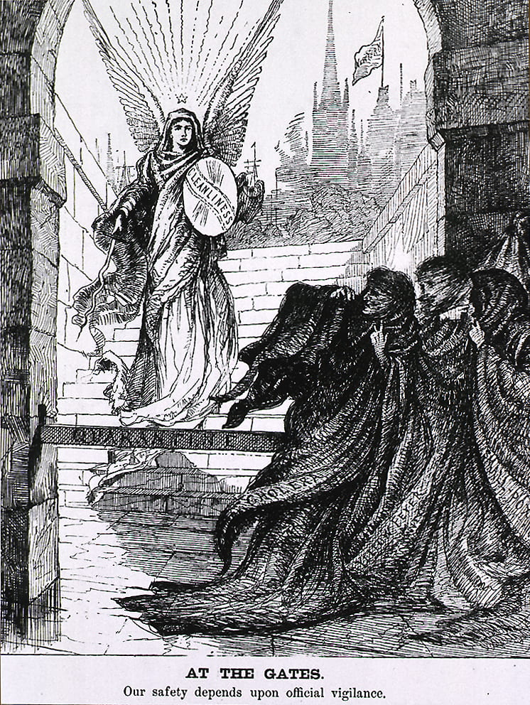 angelic figure holding shield with the word "Cleanliness", caption is "At the gates. Our safety depends on official vigilance."