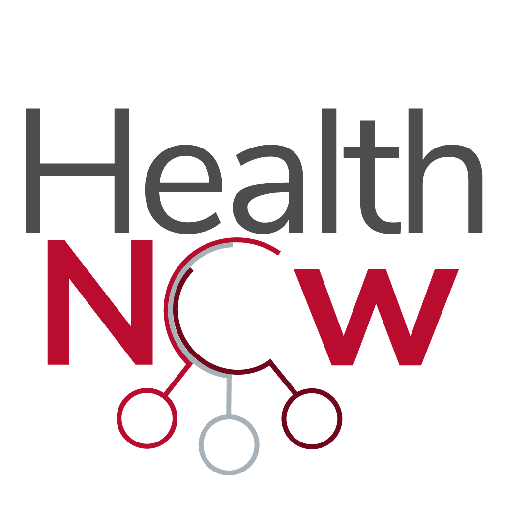 HealthNow Logo, words: "health now;" the O in now is made of semi-circles with orbiting circles that create the appearance of interlocking or interdependence,