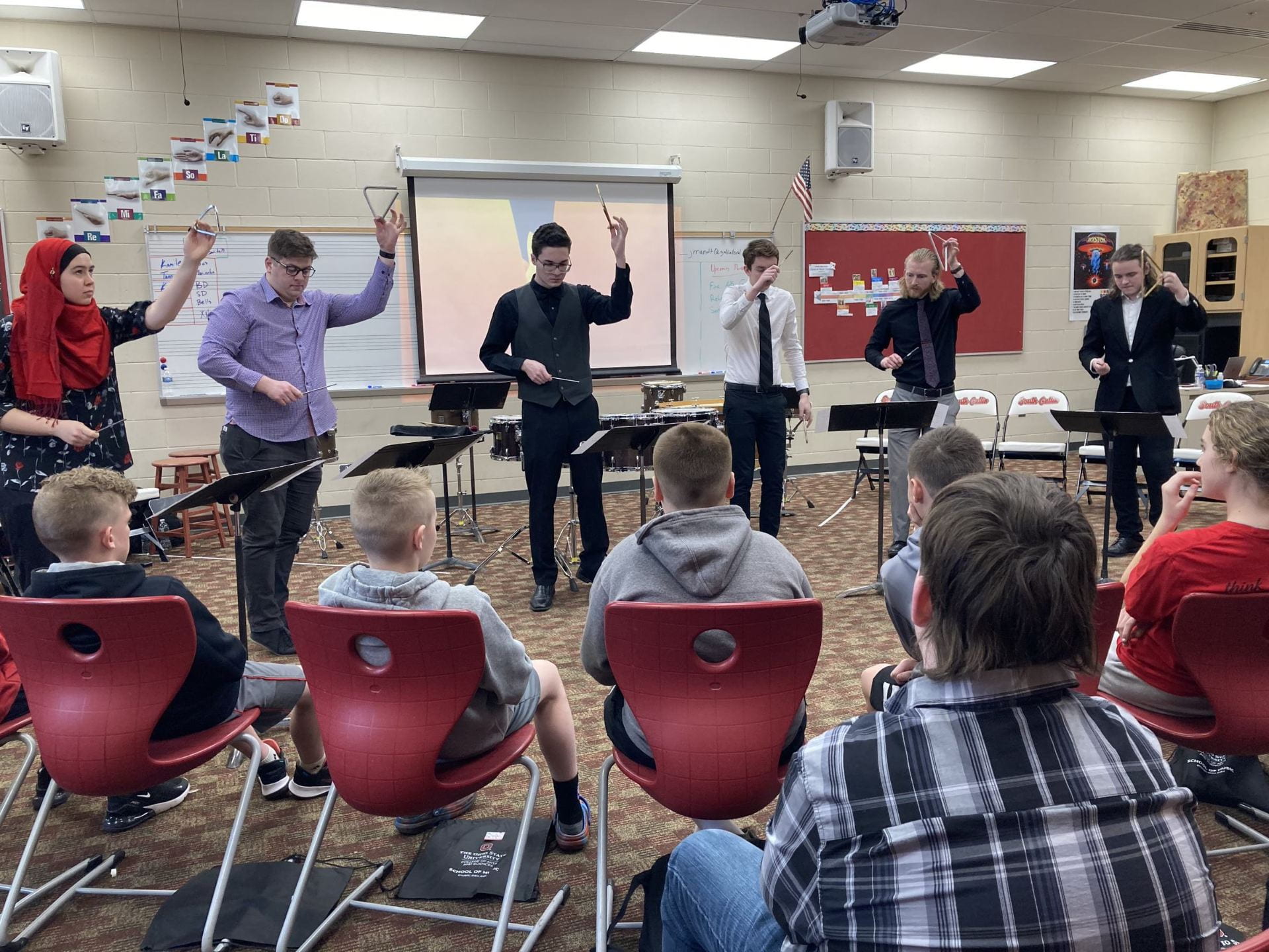 Ohio State percussionists performing at South Gallia Middle School.