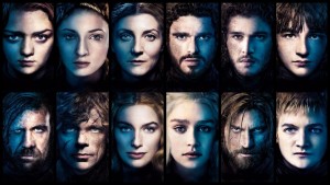 The above photo is the headshots of twelve of the characters in the show. The top row from left to right is: Arya Stark, Sansa Stark, Catelyn Stark, Rob Stark, Jon Snow, and Bran Stark. The bottom row from left to right is: The Hound, Tyrion Lannister, Cersei Lannister, Daenerys Targaryen, Jaime Lannister, and Joffrey Baratheon. 