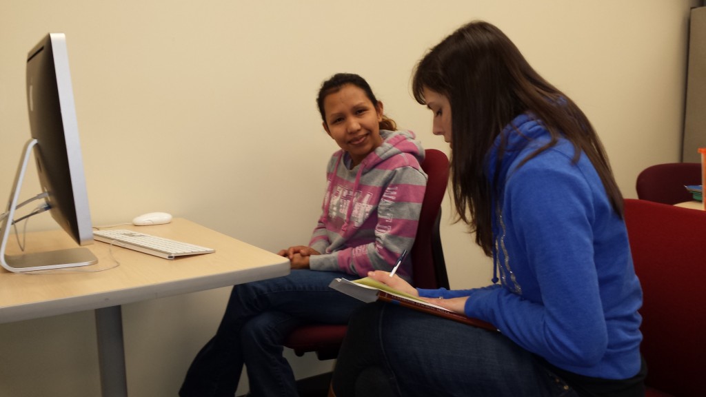 Noraisa Jones, left, a Respiratory Therapy student at Ohio State Mansfield, receives information about the Writing Center from writing consultant Katherine Nixon. Individual attention is one reason students are drawn to regional campuses. 