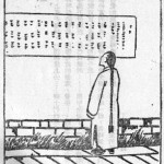 Sketch of man looking at writing on a wall