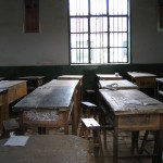 Wooden desks in a classroom