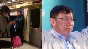In this viral photo (left) posted to Facebook by Yu Yen Huang, Taipei's new mayor Ko Wen-je is seen standing alone aboard a subway train. "It's definitely unusual for a politician to do like this," Yu told CNN. "Normally they go out with luxury cars, several body guards."