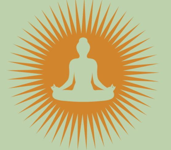 Orange starburst on a green background with a meditating yogi silhouette in the middles also in green.