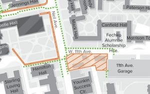 Map illustration showing the 11th avenue sidewalk closure adjacent to the new optometry building construction site.