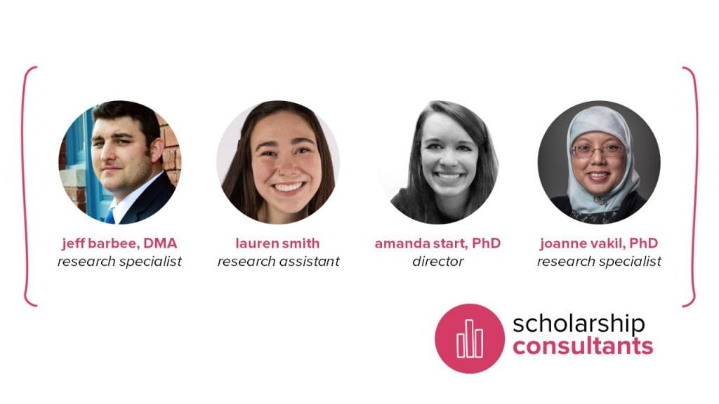 scholarship consultants: Jeff Barbee, DMA, Research Specialist; Lauren Smith, Research Assistant; Amanda Start, PhD, Director; Joanne Vakil, PhD, Research Specialist
