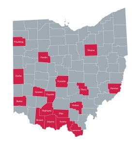 map of Ohio with select counties highlighted