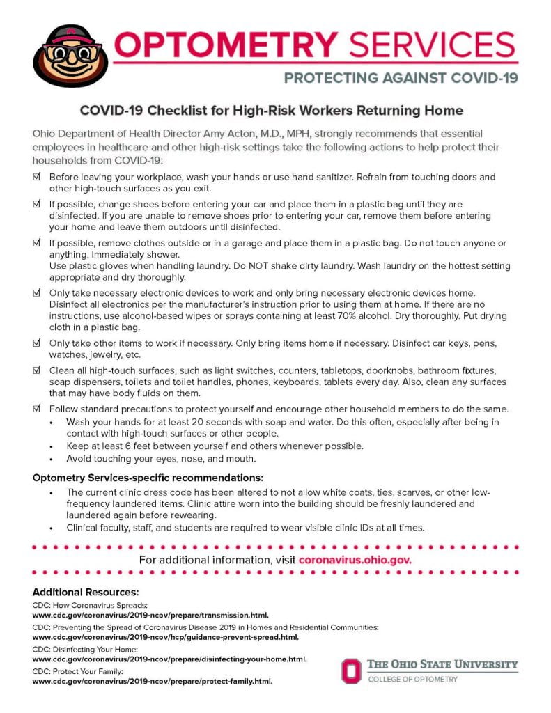 Preview of Optometry Services COVID-19 Checklist for High-Risk Workers Returning Home poster - use link to view PDF for full text 