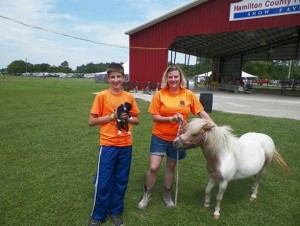 4-H’ers Alexander (left) and Carlee (right) pose with a kitten and a pony.