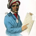 Portrait of Sequoyah holding an example of his written language he developed.