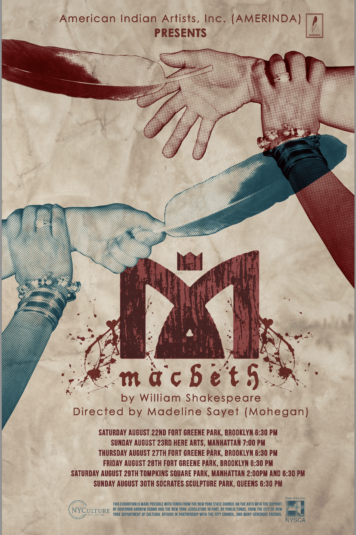 Promotional poster for American Indian Artists, INC.'s adaptation of Macbeth, written by William Shakespeare and directed by Madeline Sayet. 