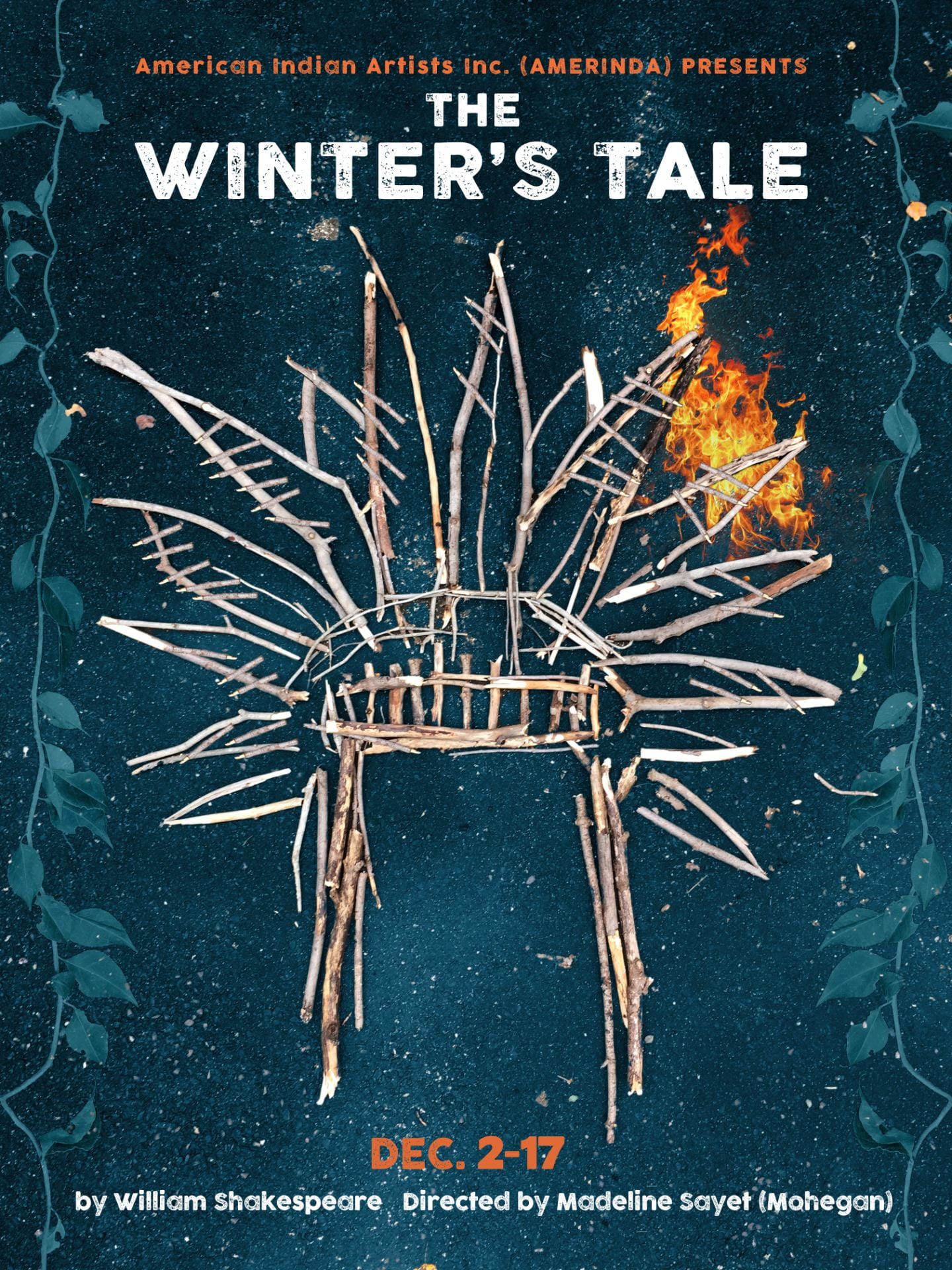 The promotional poster for Amerinda, INC.'s adaptation of The Winter's Tale. Written by William Shakespeare and directed by Madeline Sayet.