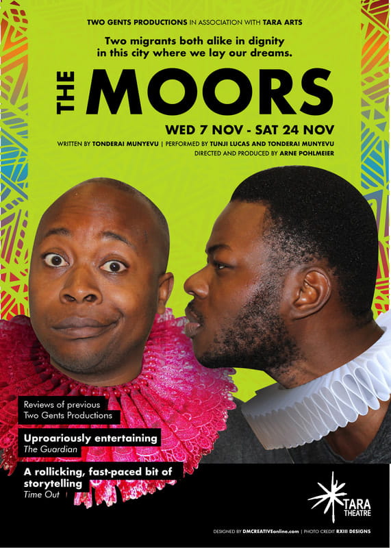 Promotional poster for the play, The Moors; image showing two African men, one facing towards the camera and another looking towards the man facing towards the camera.