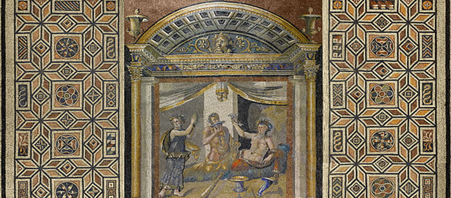 Mosaic pavement of the drinking contest of Herakles and Dionysos
