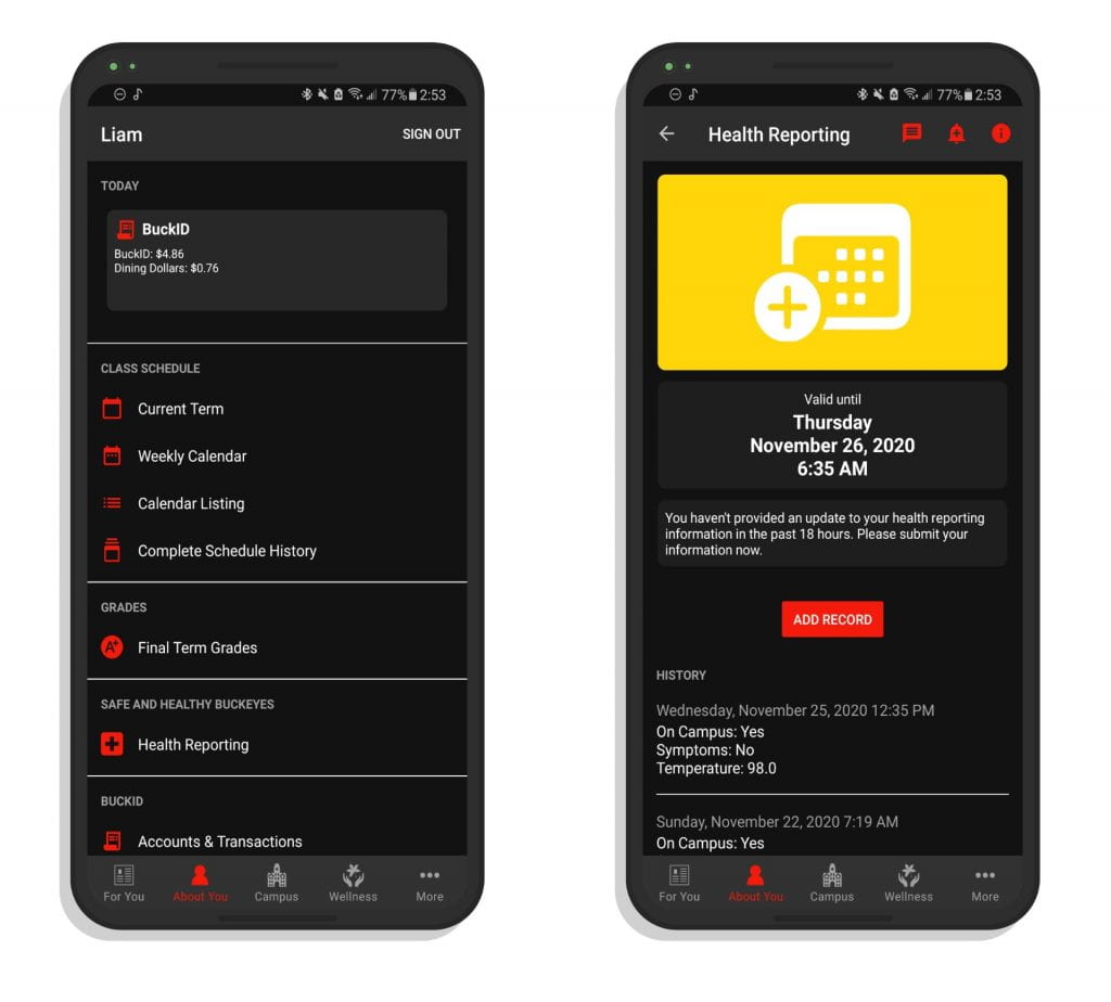 A pair of screenshots showing the About You and Health Reporting pages of the Ohio State app
