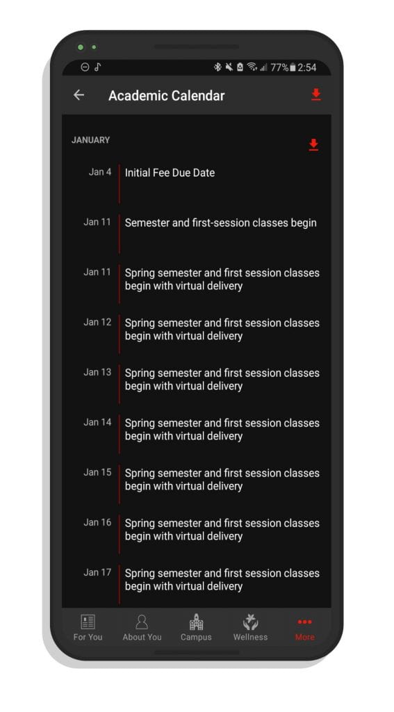 A screenshot of the academic calendar in the Ohio State app. 