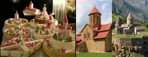 Ketevan's cakes (left) decorated in the style of churches found in the Caucasus (right)