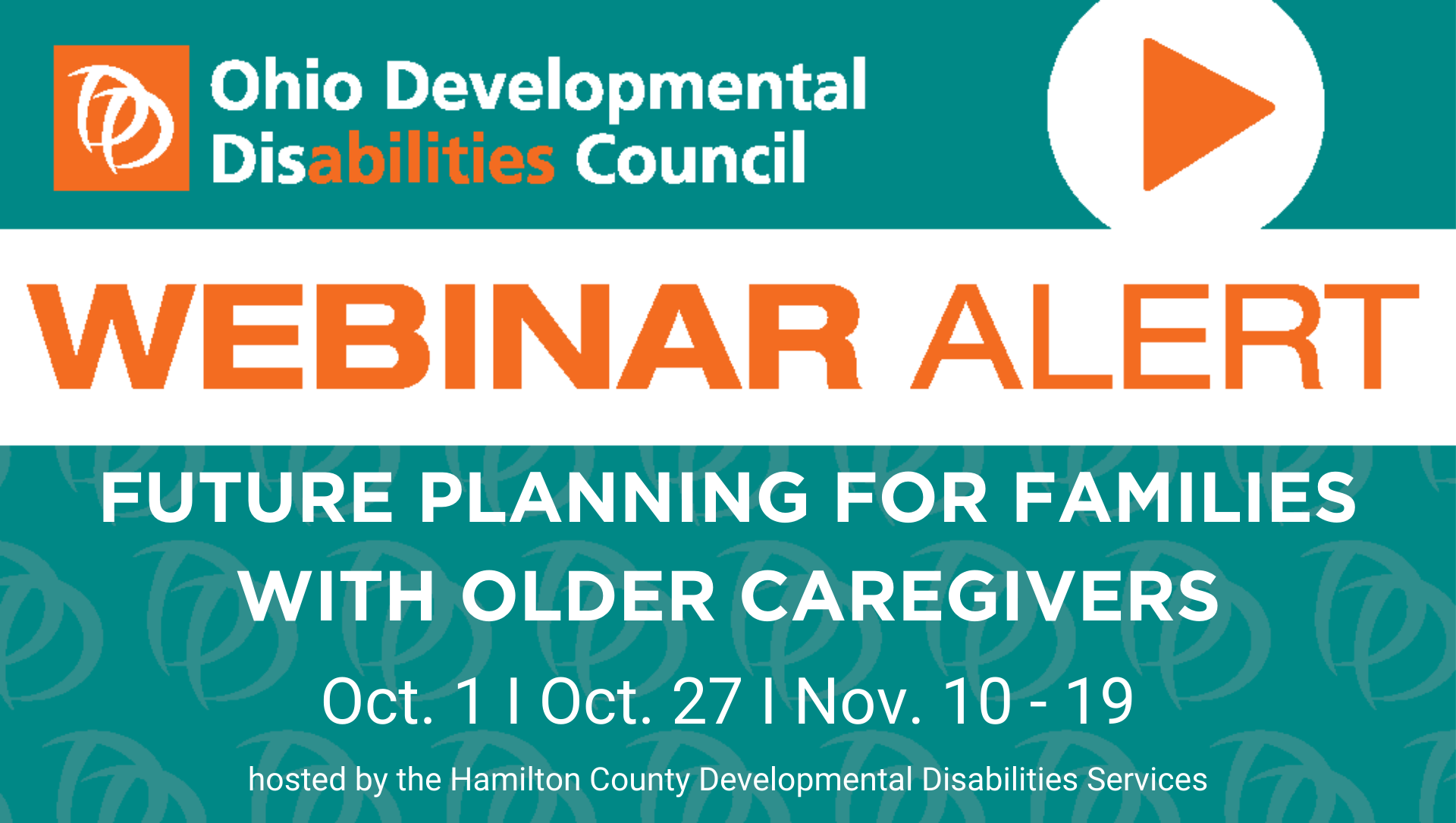 Orange and turquoise flyer for Aging Caregiver Webinar; all details described in post. 