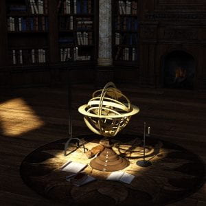 Darkened room with spot light on standing globe with brown tabby and books on floor