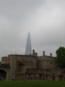 The Shard emerging from behind the Tower of London. 